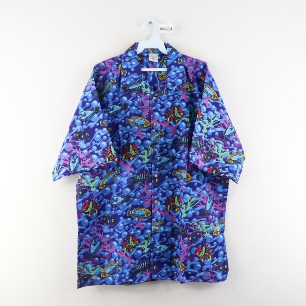Vtg Streetwear All Over Fish Print Hawaiian Shirt